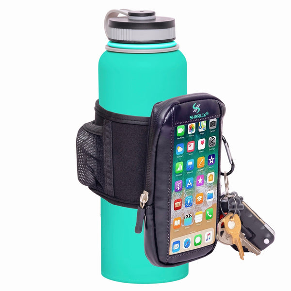 SHERLIX Gym Water Bottle Pouch, 18-40 oz Water Bottle Sleeve, Essential Gym Accessories for Women and Men with Cell Phone Touch Screen, AirPods Pocket, and Keychain Carabiner